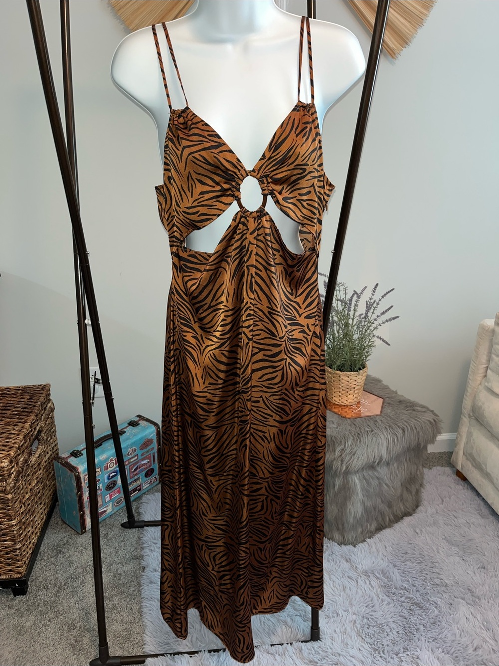Zara Brown Tiger-Print Cutout Maxi Dress